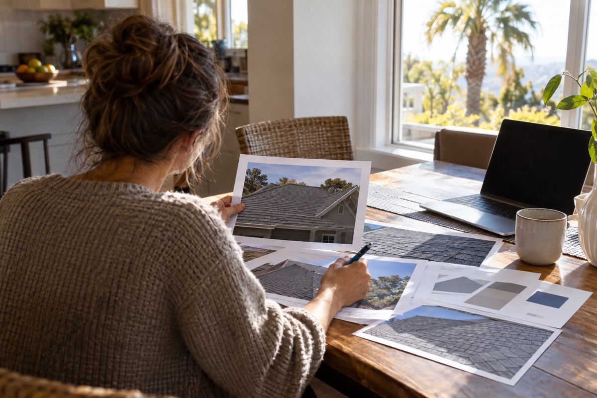 Homeowner from behind comparing roofing paperwork at a sunny kitchen table