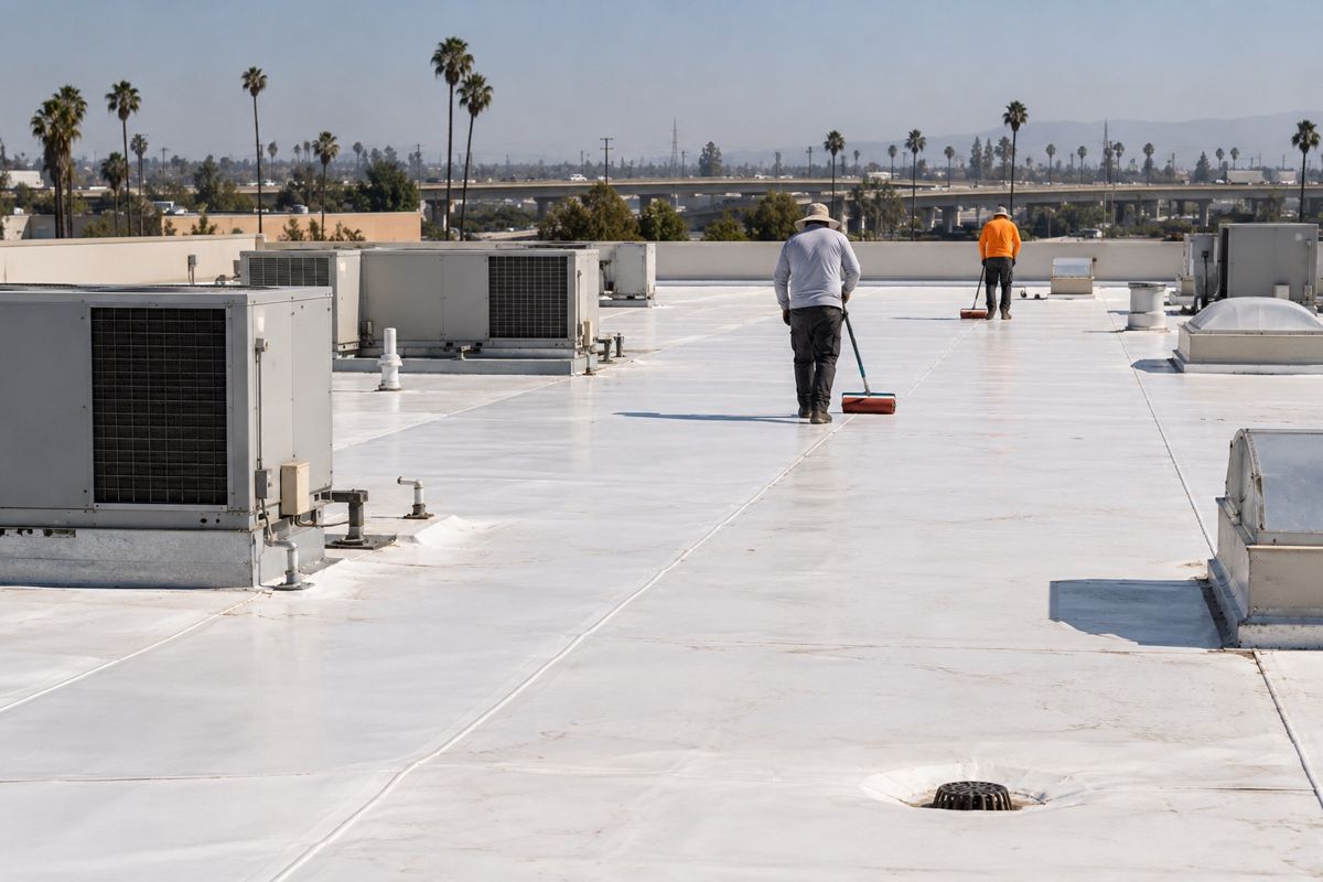 Workers rolling seams on a white membrane flat roof of a commercial building
