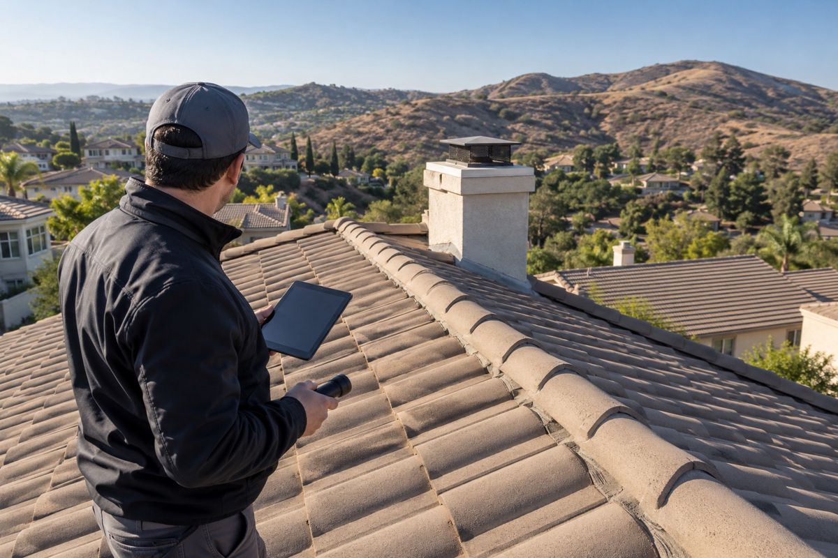 Inspector from behind checking a tile roof and chimney on a hillside home