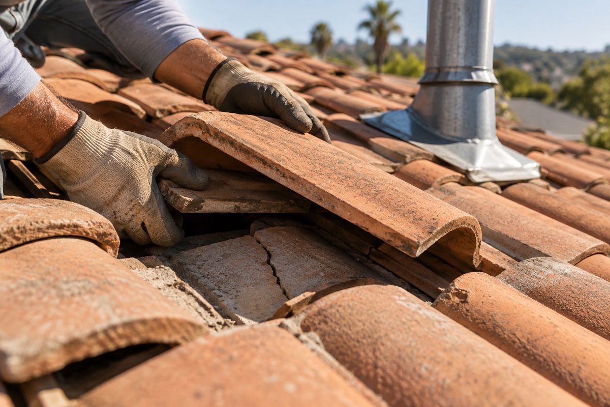 Gloved hands replacing a cracked roof tile beside a vent pipe flashing