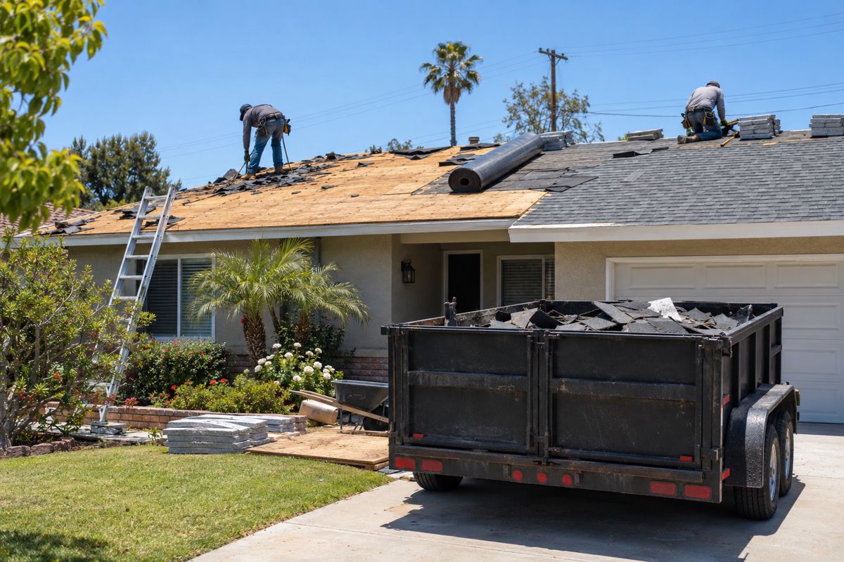 Crew installing new shingles on a stripped roof deck of a stucco house