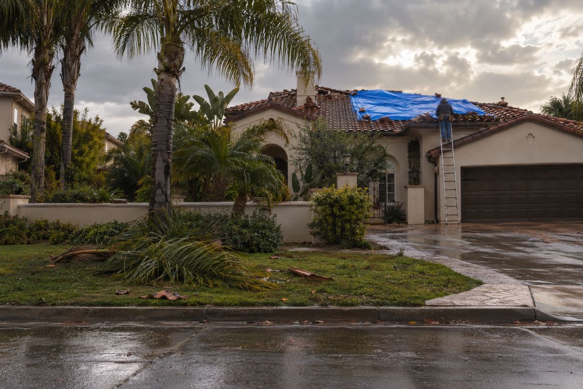 Blue tarp covering storm damaged tile roof on a stucco home with a fallen palm frond